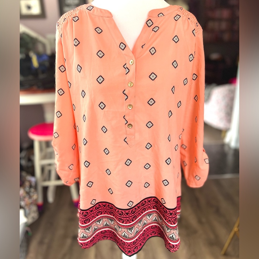 Croft & Barrow Coral Tunic Blouse with Boho Pattern